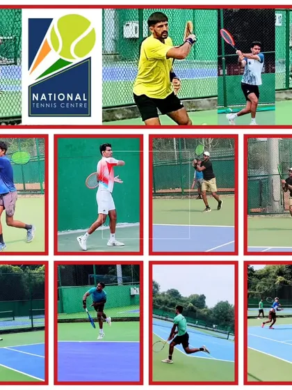 A collage capturing the dynamic action from our practice courts. It shows multiple NTC players, both male and female, executing powerful groundstrokes and serves during their training regimen.