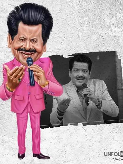 A caricature of the melody king Udit Narayan, shown alongside a photo from one of his performances.