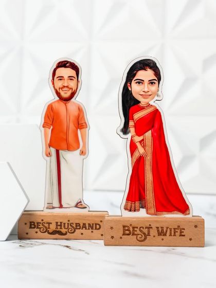 A solo caricature table top for the "Best Husband" and "Best Wife". I can customize the faces and the message on the wooden base.
