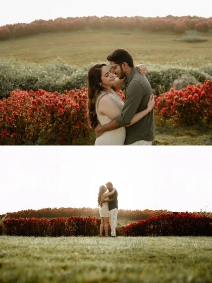 A diptych showing a couple embracing in a field of red flowers. The combination of a close-up and a wide shot captures both their intimacy and the beauty of their surroundings.