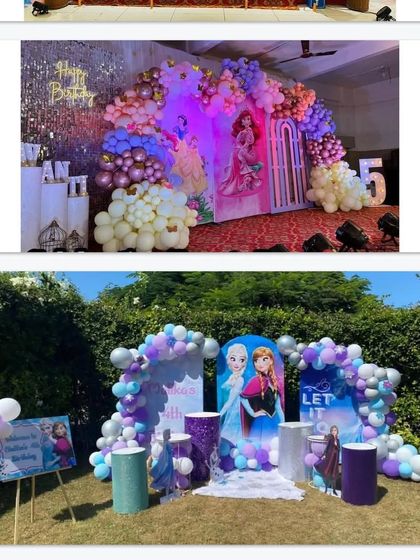 Another view of the two Disney Princess themes, highlighting the versatility of indoor stage setups and outdoor garden party decorations.
