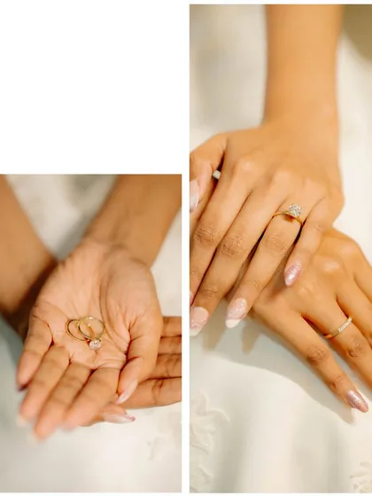 A diptych of the wedding rings. One shot shows them in the bride's palm, the other on her hand, highlighting these important symbols of commitment.