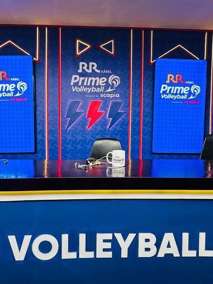 The broadcast studio set we designed and built for the Prime Volleyball League. We create professional, fully-branded studio environments for pre-game and post-game analysis.