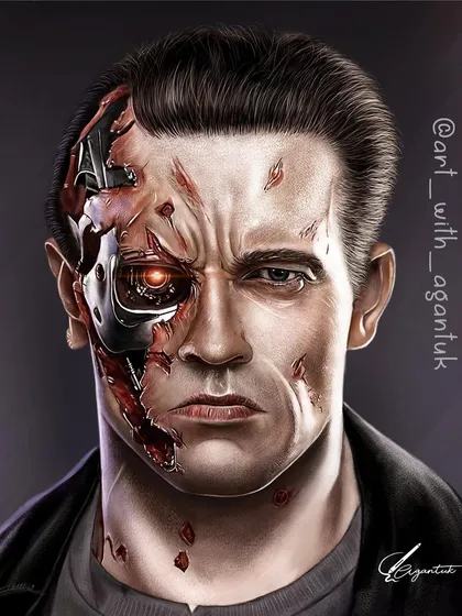 This portrait of the Terminator was a technical challenge that I loved. It took about 45 hours, focusing on the contrast between the realistic human skin and the reflective, damaged metal of the cyborg. Capturing the texture of torn flesh and the glowing robotic eye was key to making this piece feel real.