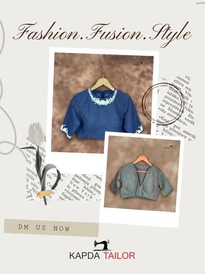 Fashion, Fusion, Style. This graphic collage features two of our modern denim-style blouses, perfect for a unique, indo-western look.