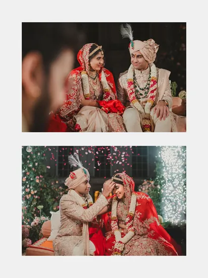 Two beautiful moments from the wedding ceremony, including the sindoor application. We ensure that sacred traditions are given a beautiful and respectful setting, no matter the location.