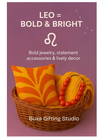 A zodiac-themed gift idea for a Leo, featuring bold jewelry and bright, statement decor pieces.