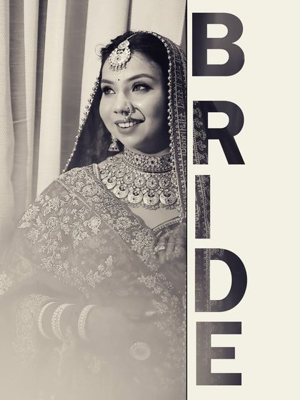 A modern and graphic bridal portrait. The bold "BRIDE" text and the clean black and white image create a strong, stylish look that feels like a high-fashion magazine cover.