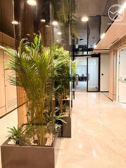 A corridor at The Executive Centre in Hyderabad, where planters are used to define the space and guide movement. The reflection in the glass walls amplifies the presence of the greenery, making the space feel larger and more lush.