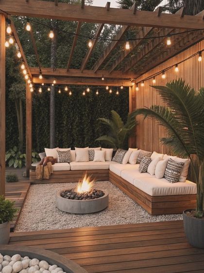 This cozy patio design features a wooden pergola with string lights, a central firepit, and comfortable L-shaped seating. The gravel ground cover and surrounding plants add to the rustic, modern charm.