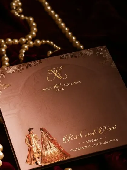 For this design, I created a custom illustration of the couple in their wedding attire, making it deeply personal. The rich brown card is accented with elegant gold foil for the couple's monogram and event details, set against a backdrop of pearl strings for a classic look.