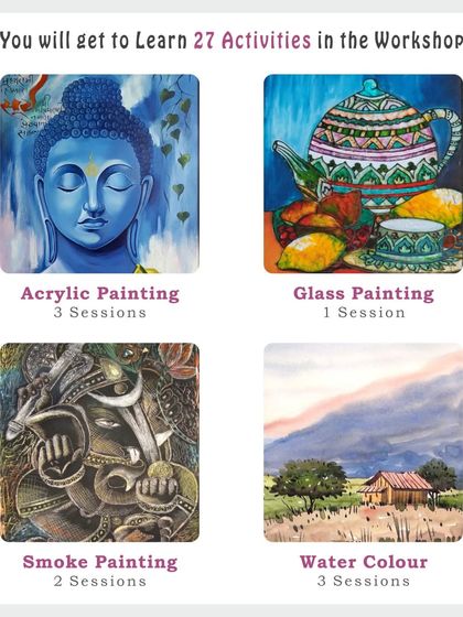 A snapshot of the various painting styles we teach in our workshop, including Acrylic Painting, Glass Painting, Smoke Painting, and Water Colour.