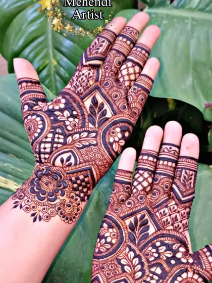 A semi-bridal design with a lovely mix of leafy vines and geometric shapes, perfect for any festive occasion.