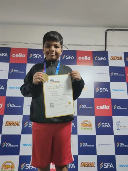 Young champion Smit Lokhande with his well deserved Gold medal at the SFA Boxing tournament. We build the fundamentals for victory from a young age.