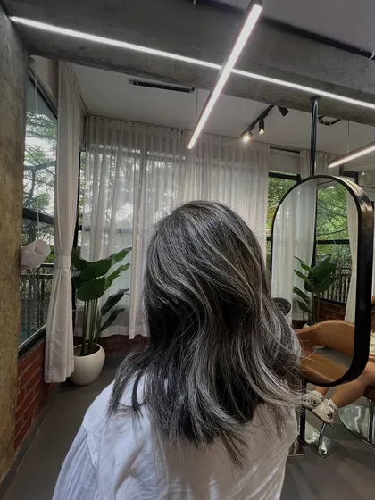 A side profile of the silver highlights, showing how they are blended for a natural yet striking effect.