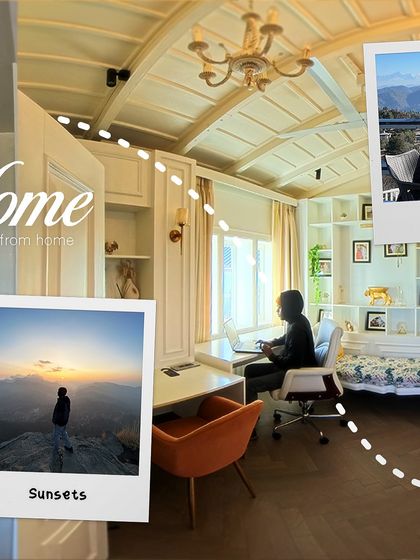 This image highlights the "work from mountains" appeal of a boutique stay. It shows the comfortable workspace with a stunning sunset view, targeting digital nomads and people looking for a scenic escape.