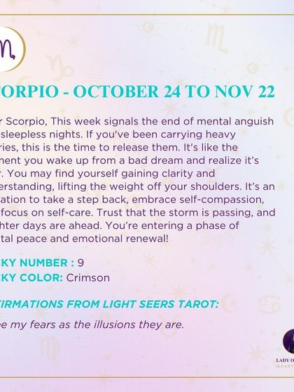This weekly tarot reading for Scorpio signals the end of mental anguish and sleepless nights. It’s an invitation to release heavy worries, embrace self-compassion, and focus on renewal.