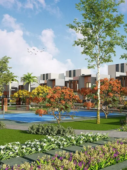 Shared spaces are vital for community life. Here, a central park and pool area provide a hub for recreation and social interaction, surrounded by homes that enjoy both privacy and a connection to the vibrant community life.