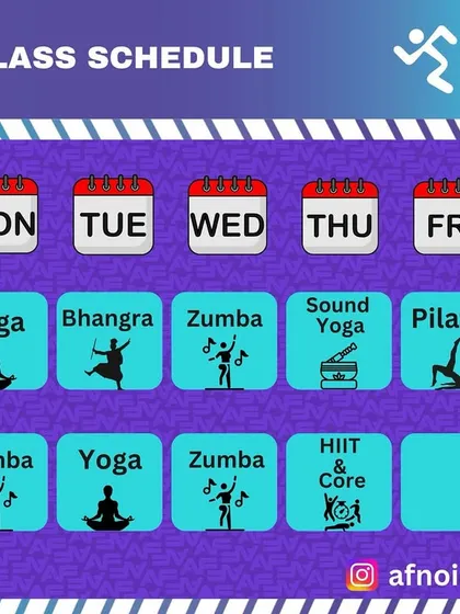 Here is our weekly schedule at a glance. We offer a mix of classes like Yoga, Bhangra, Zumba, and HIIT in both morning and evening slots to fit your routine. Plan your week and come join us.