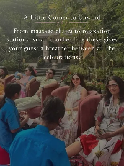A relaxation station is a perfect addition to a multi-day wedding. I can arrange for massage chairs or foot spa corners to give your guests a chance to unwind and recharge between events.