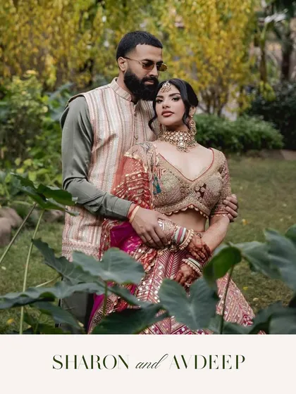 A portrait of Sharon and Avdeep. Her bold, colorful lehenga is the star of the show, perfectly styled for this traditional Punjabi ceremony.