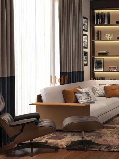 This view highlights the comfortable, modern furnishings, including the iconic Eames lounge chair. The two-tone drapes add a subtle, tailored detail, framing the natural light and contributing to the room's sophisticated yet relaxed character.