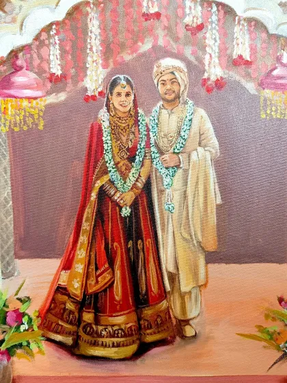 A detailed view of the couple from the Taj Palace wedding painting. I focused on their traditional outfits and happy expressions.