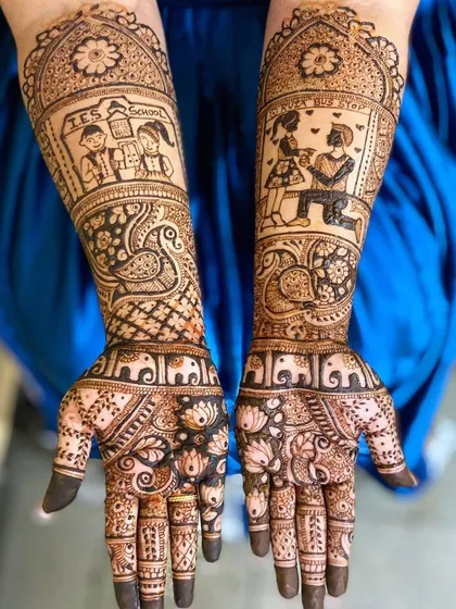 Let's tell your love story. This unique bridal mehandi design captures personal moments, from a school-day memory on one arm to the proposal scene on the other, making your henna truly one of a kind.