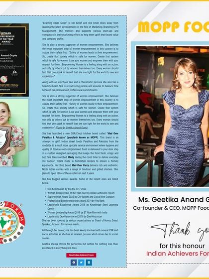 I was honoured to be featured by the Indian Achievers Forum for my work as a woman entrepreneur. This recognition is a testament to our team's hard work and our mission to empower through our venture.
