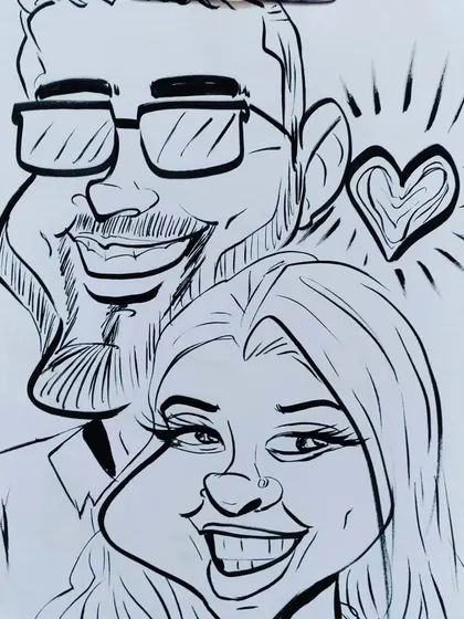 A classic black and white caricature capturing a loving moment. The heart accent adds a sweet touch to this couple's portrait.
