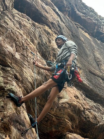 Nanda preparing to rappel after a climb. His focus on safety and learning from the community is a value we all share.