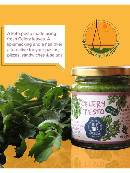An advertisement graphic for my Celery Pesto, describing it as a keto-friendly and lip-smacking alternative for pastas, pizzas, and sandwiches.