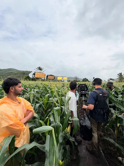 The crew on location with our ARRI SkyPanel X rig. Their weather-resistant design makes them a reliable choice for unpredictable outdoor shoots.