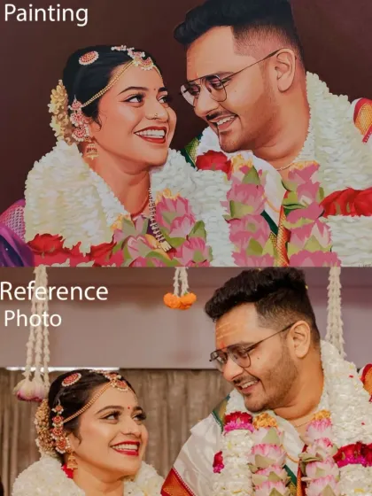 Here you can see a side-by-side comparison of the original reference photo and our finished hand-painted portrait. We focus on capturing the exact likeness, emotion, and details to make the canvas come alive.