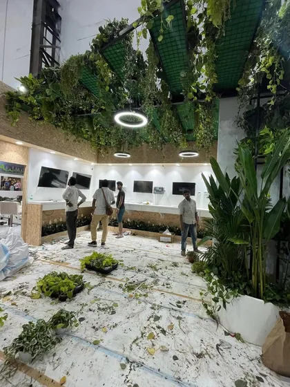 The early stages of a large installation show the groundwork being laid. We cover the entire floor to protect it while we build out the green landscape for an event.