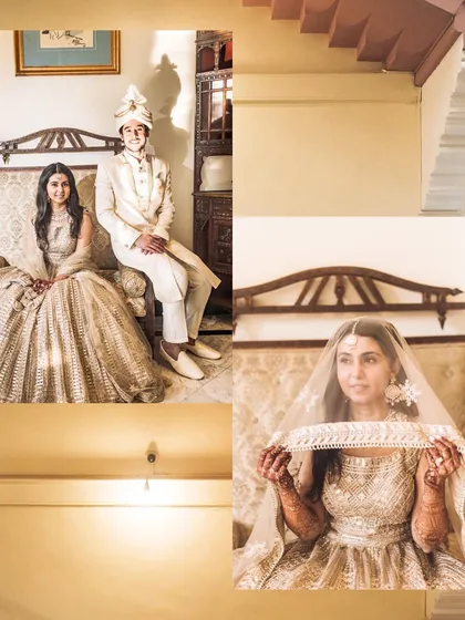 A collage showing different aspects of the wedding day, from a formal portrait of the couple to a beautiful shot of the bride under her veil.