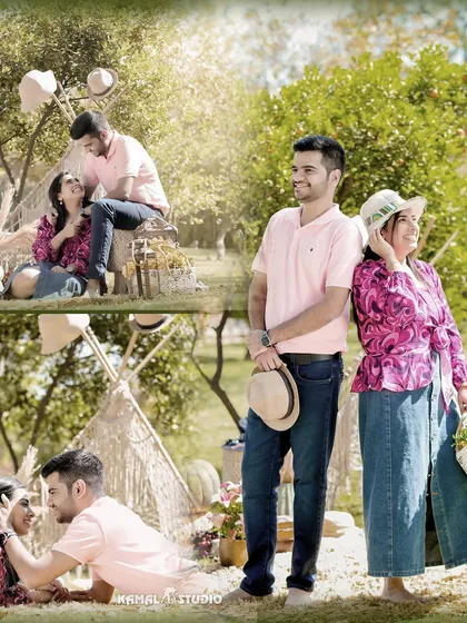A whimsical and romantic picnic-themed shoot. This collage showcases various playful and tender moments from a fun, stylized session.