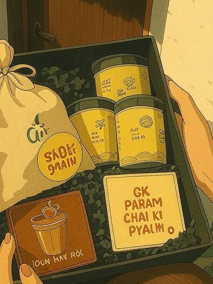 A fun, creative re-imagination of my brand in the whimsical world of Studio Ghibli. This illustration shows a character holding a hamper with a "Chai ki Pyali" coaster.