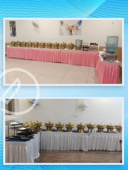 A collage showing two different color themes, pink and blue, for our standard buffet setups. We can easily customize the look to match your party's theme.