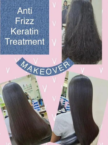 Here you can see the power of our anti-frizz Keratin treatment. We took hair that was dry and unmanageable and transformed it into this incredibly sleek, smooth, and glossy final look. This treatment is perfect for anyone struggling with persistent frizz.