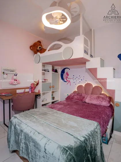 A child's room should be a world of its own. This custom bunk bed with an integrated study desk and playful storage is designed for dreams, play, and a lot of growing up.