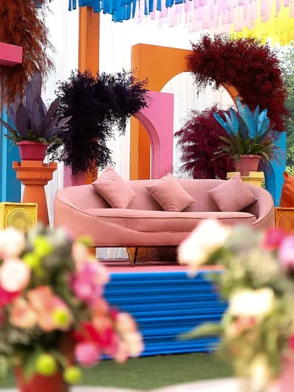 Another view of the eclectic Haldi stage, showing the mix of colors, textures, and shapes I used to create a unique look.