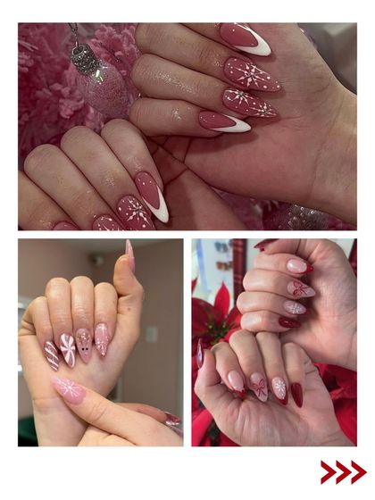 A collection of our beautiful pink and red Christmas nail designs. We love creating these festive sets with snowflakes, candy stripes, and lots of glitter.