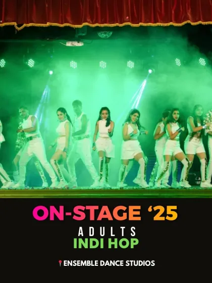 Our adults' Indi-Hop performance, a fusion of Indian and hip hop styles. These classes are a fun way to explore creative, modern choreography.