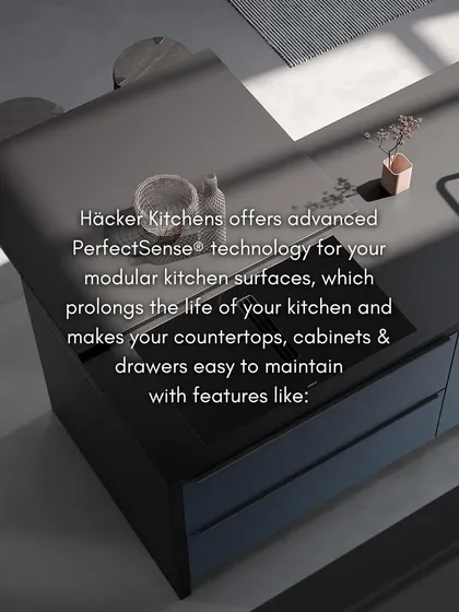 This graphic explains how our advanced PerfectSense® technology prolongs the life of your kitchen, making countertops, cabinets, and drawers easy to maintain.