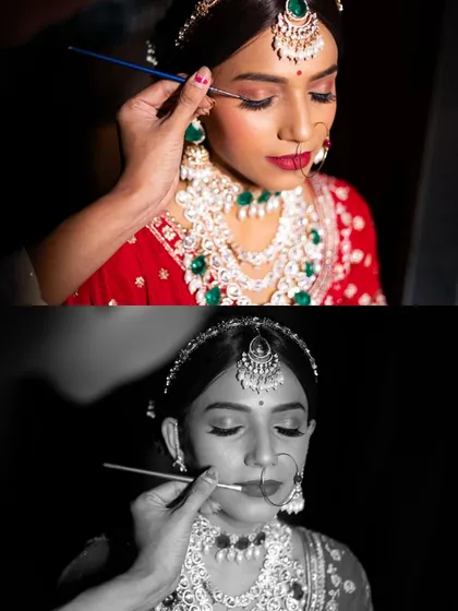 Capturing the final touches of the bridal makeup. These behind the scenes shots, shown in both color and black and white, are an essential part of the getting ready story.