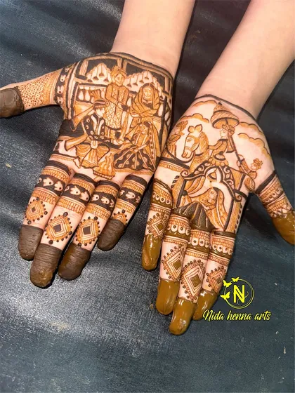 A clear, high quality shot of the Kanyaadan and Baarat themed bridal mehandi. The level of detail in the figures and background showcases my dedication to intricate work.