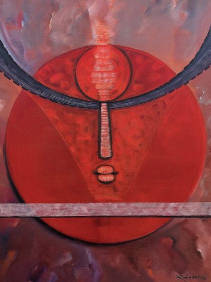 'THE GAZE - II', a 30x40 inch acrylic on canvas painting featuring a bold, abstract face in striking red.