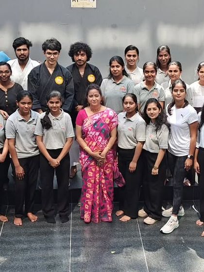 A group photo with the participants and staff after a successful self-defense training session at ISBR Business School. I thank the management for providing their students with these essential life skills.