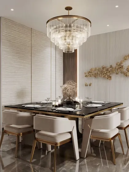 A formal dining room render featuring a square table, a stunning glass chandelier, and gold-accented wall decor. The visualization emphasizes a feeling of intimate luxury and sophisticated entertaining.